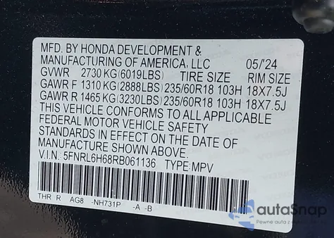 2024 Honda Odyssey Ex-L from USA, damaged, VIN 5FNRL6H68RB061136